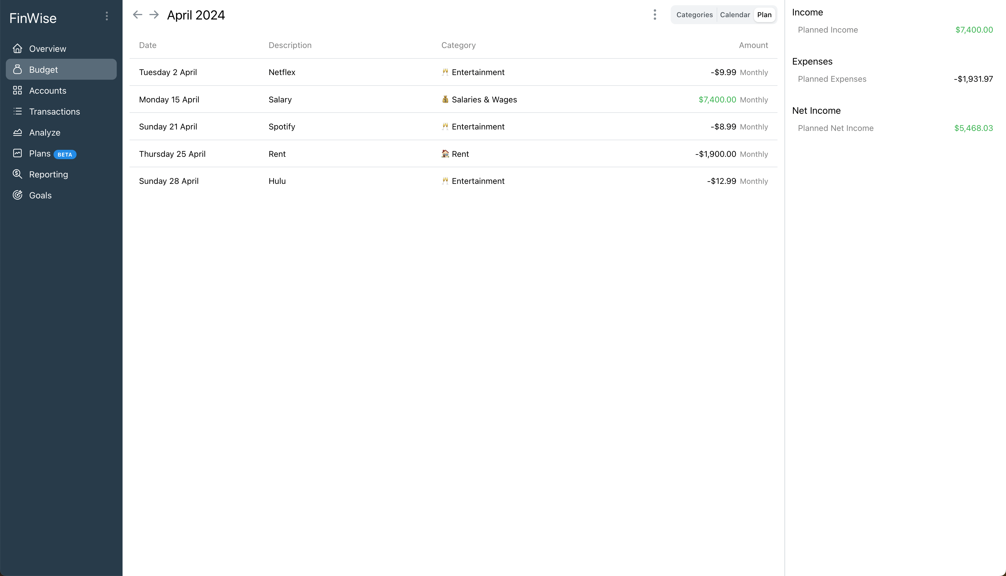 A screenshot of the bills & recurring transactions page in FinWise