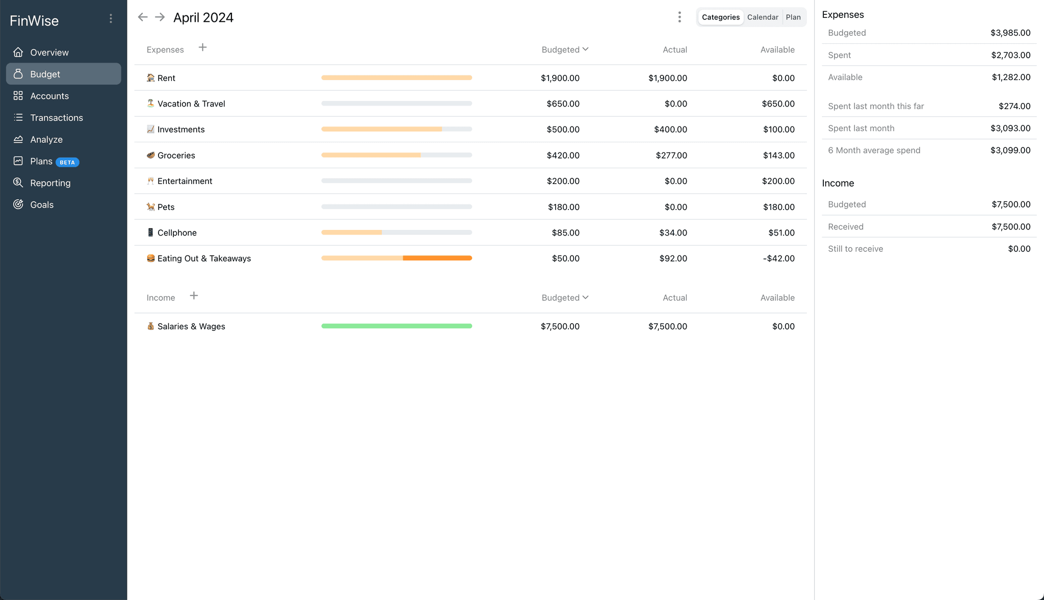 Screenshot of the FinWise budgeting page