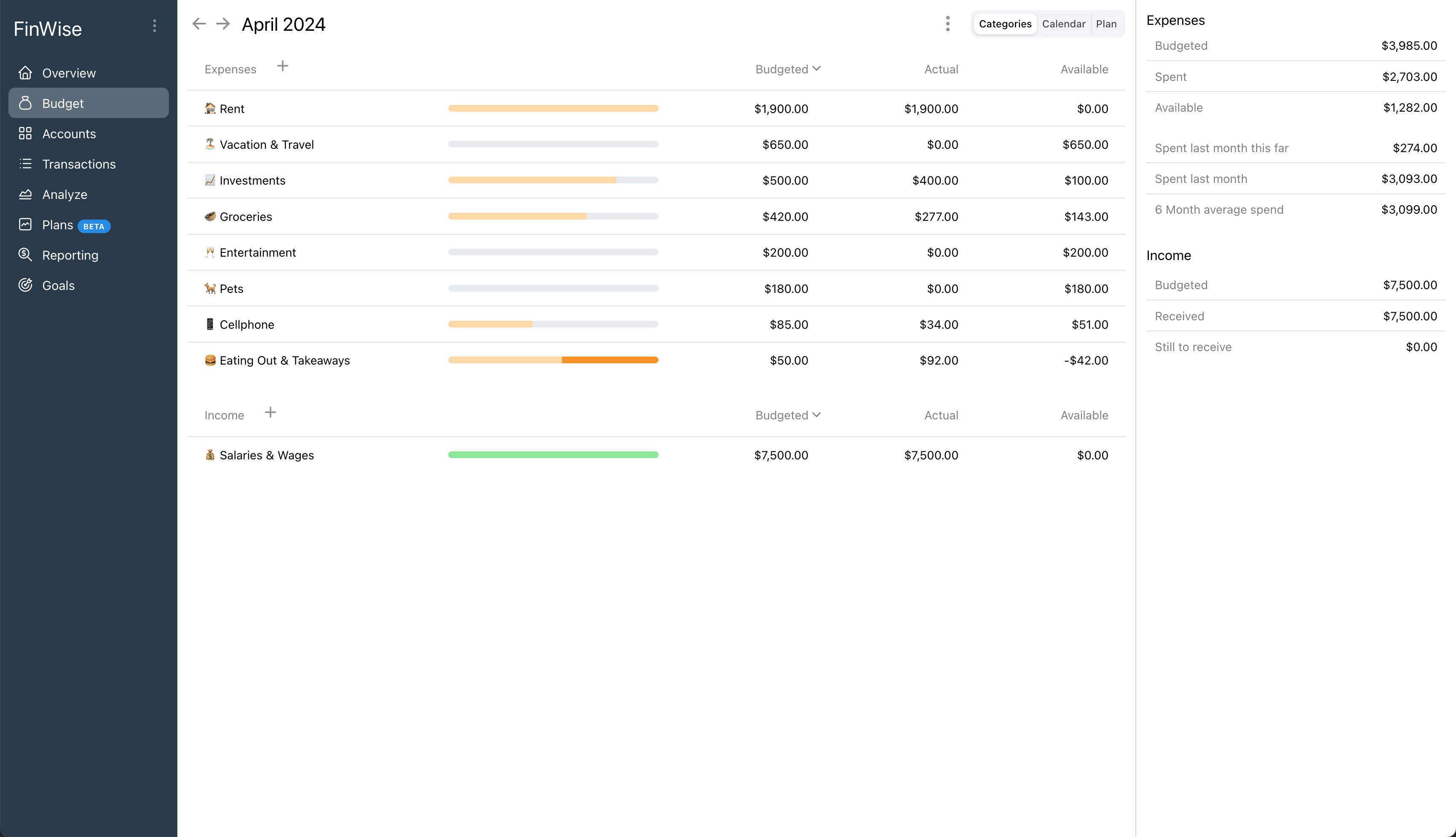 Screenshot of the FinWise budgeting page