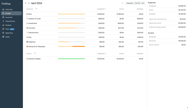 Screenshot of the FinWise budgeting page