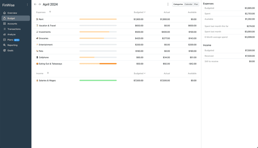Screenshot of the FinWise budgeting page