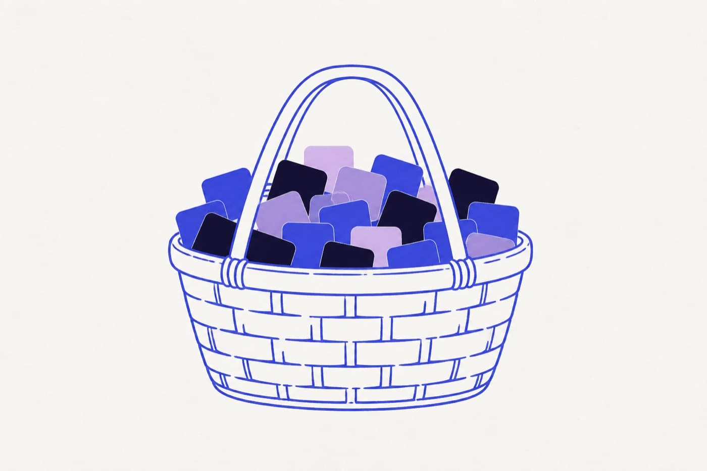 A shopping basket filled with many small company tiles