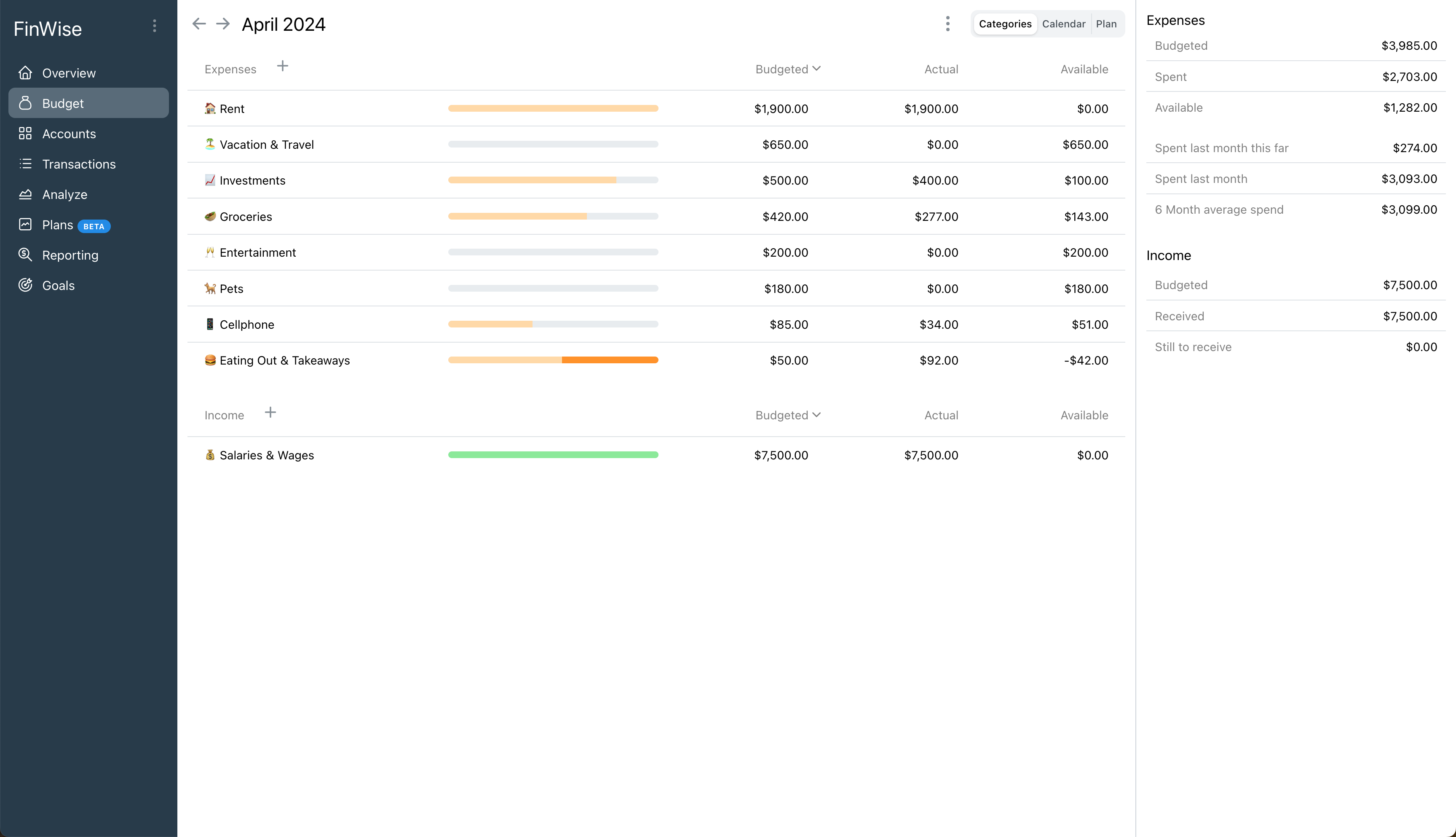 A screenshot of the budgeting page in FinWise