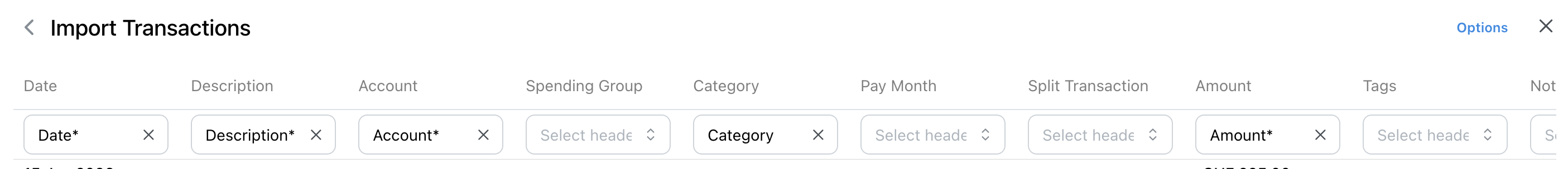 Screenshot of the CSV column mapping interface