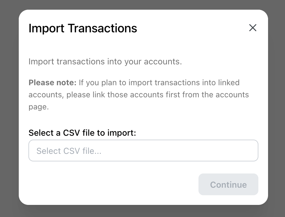 Screenshot of the import modal in FinWise