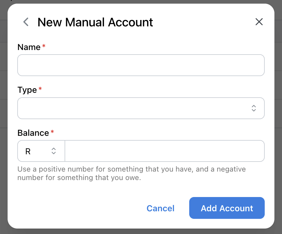 Screenshot of the manual account creation form