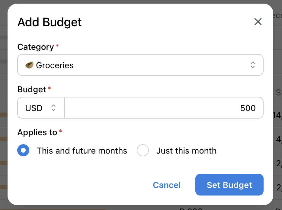 Screenshot of creating a new budget category