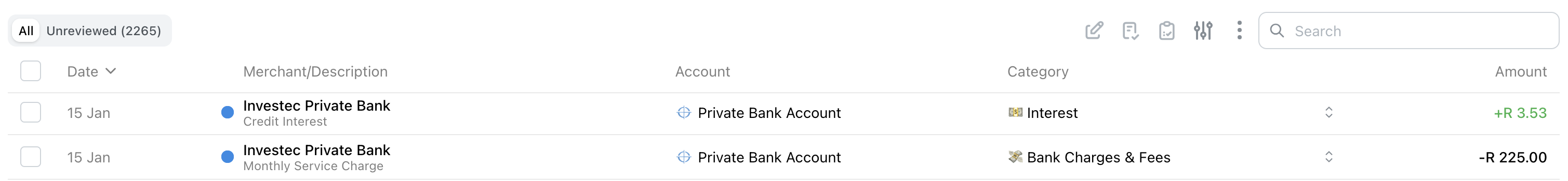 Screenshot of the transactions list with imported data