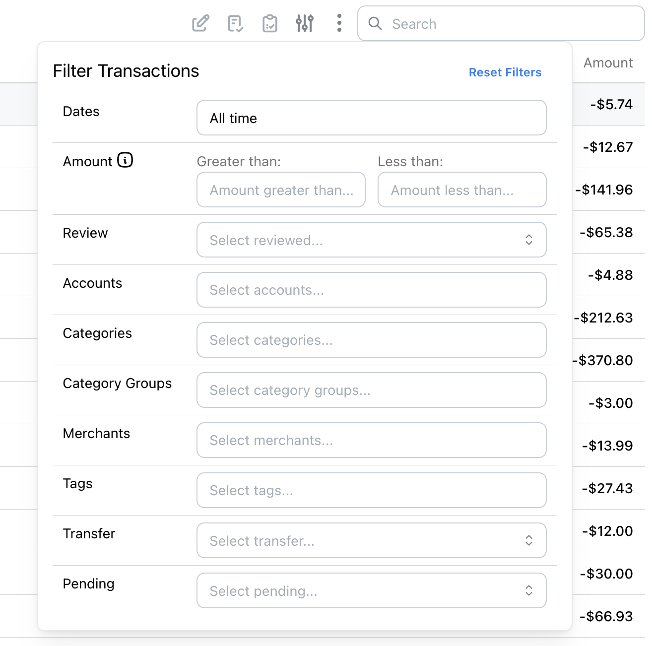 Screenshot of the transaction filters